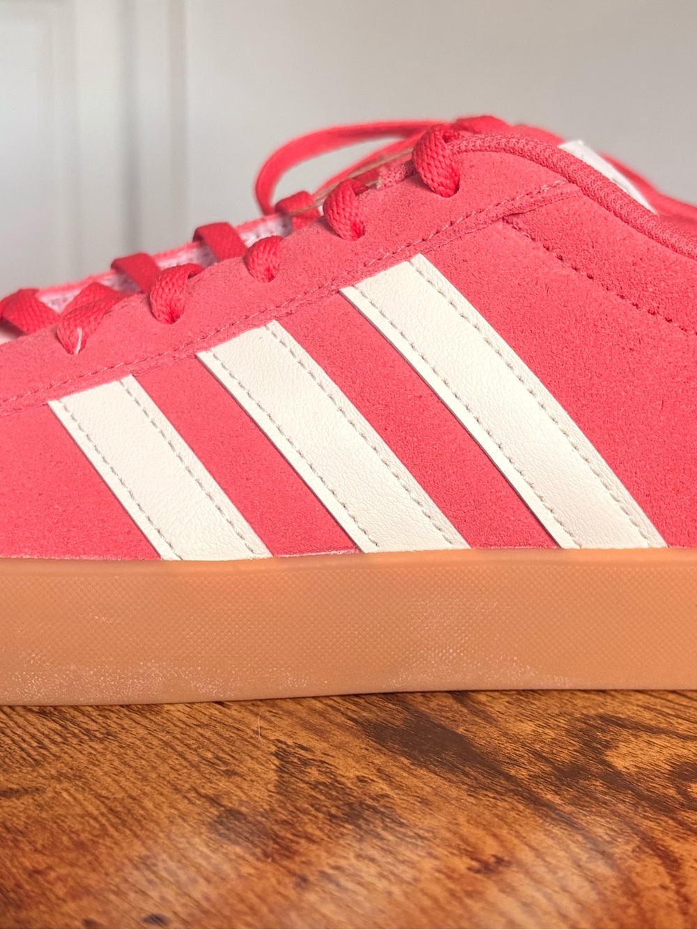 adidas Coral Pink Suede Sneakers with White Stripes